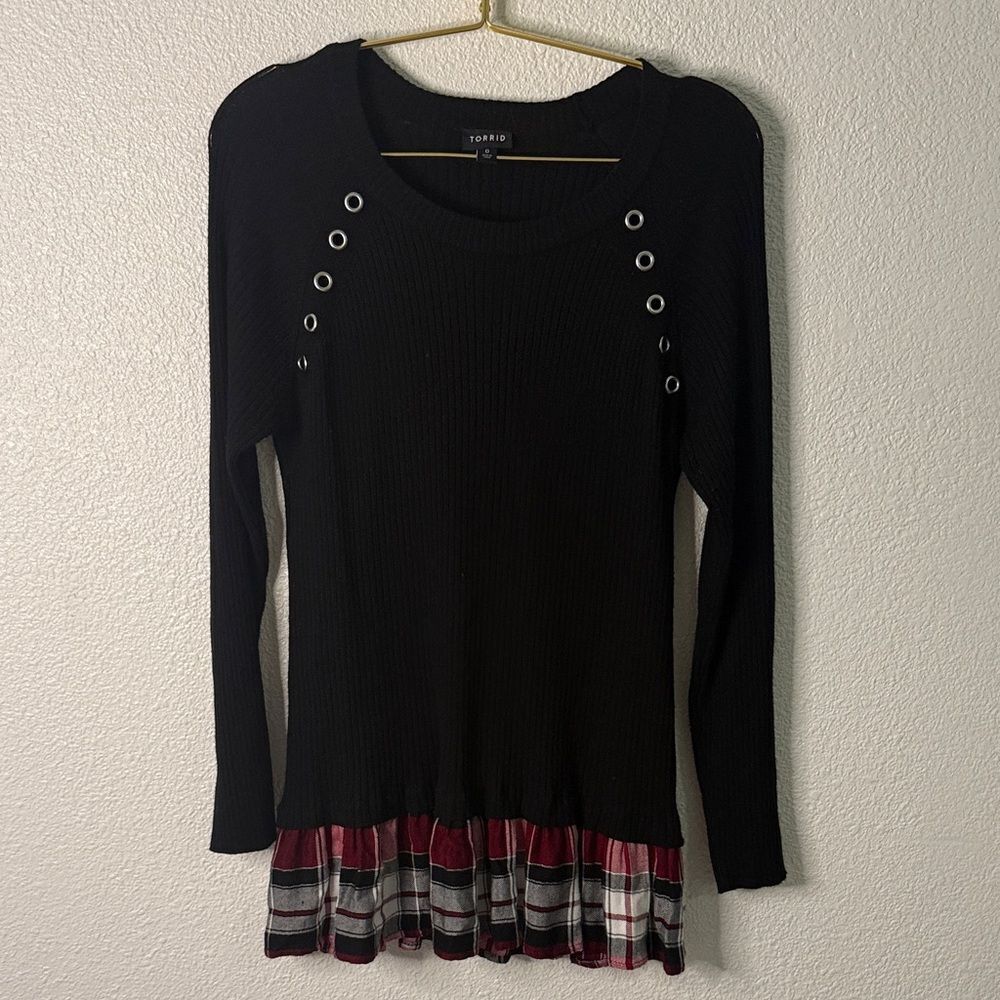 Torrid Black Long Sleeve Top with Red Plaid Detail- Large